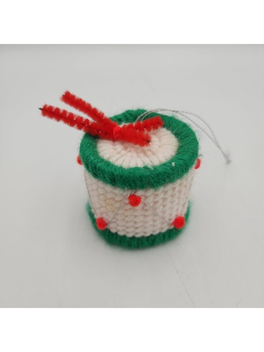 Vtg Plastic Canvas Handmade Christmas Ornament Green White Drum 2" x 1 1/2"